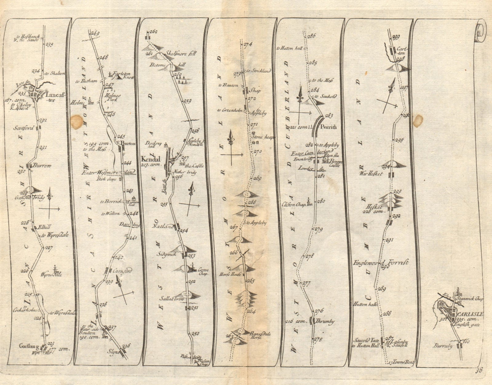 Garstang Lancaster Bolton Kendal Penrith Hesket Carlisle SENEX #38 road map 1719